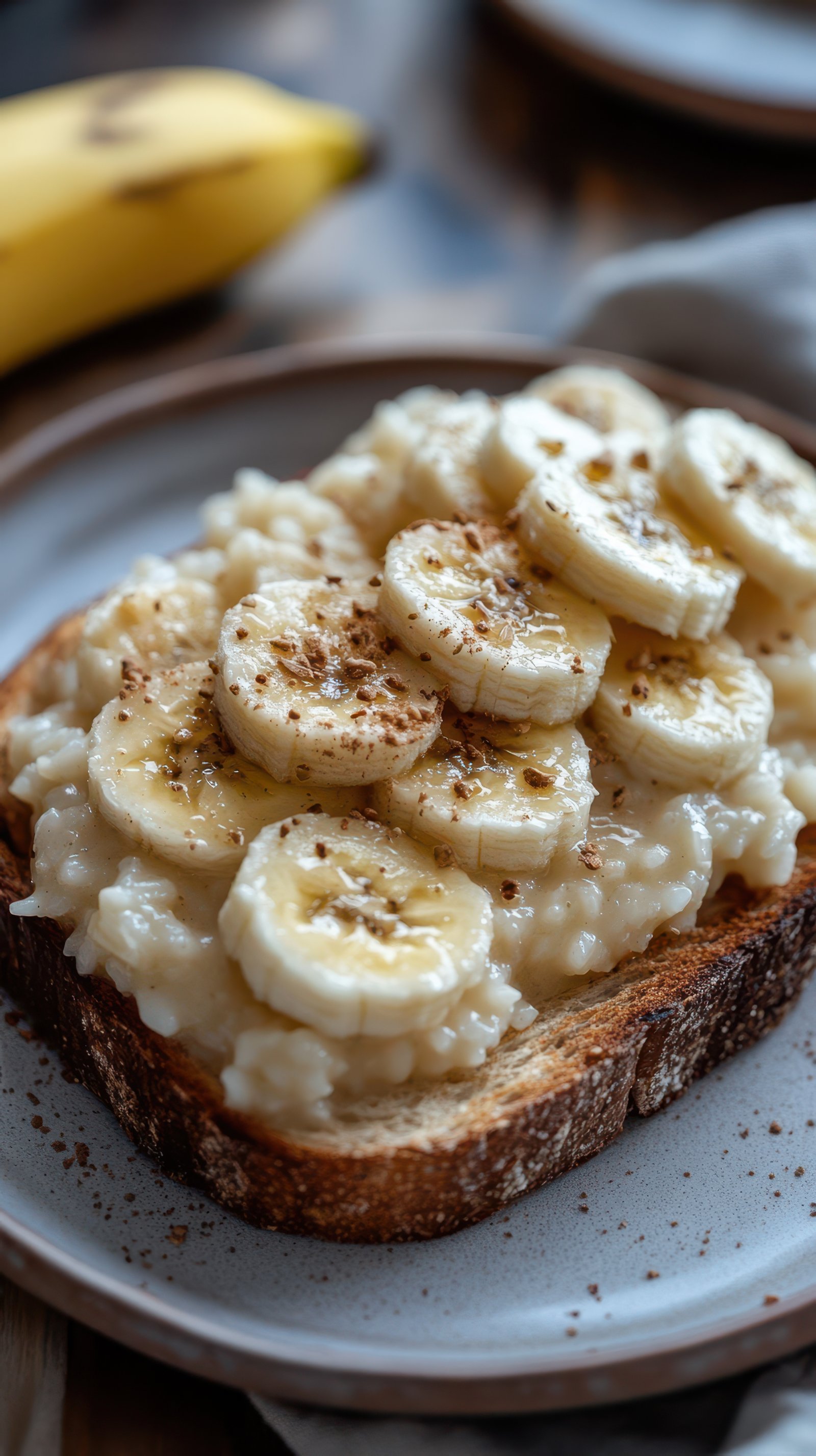 Delicious banana bread topped with creamy rice pudding and cinnamon served on a rustic plate